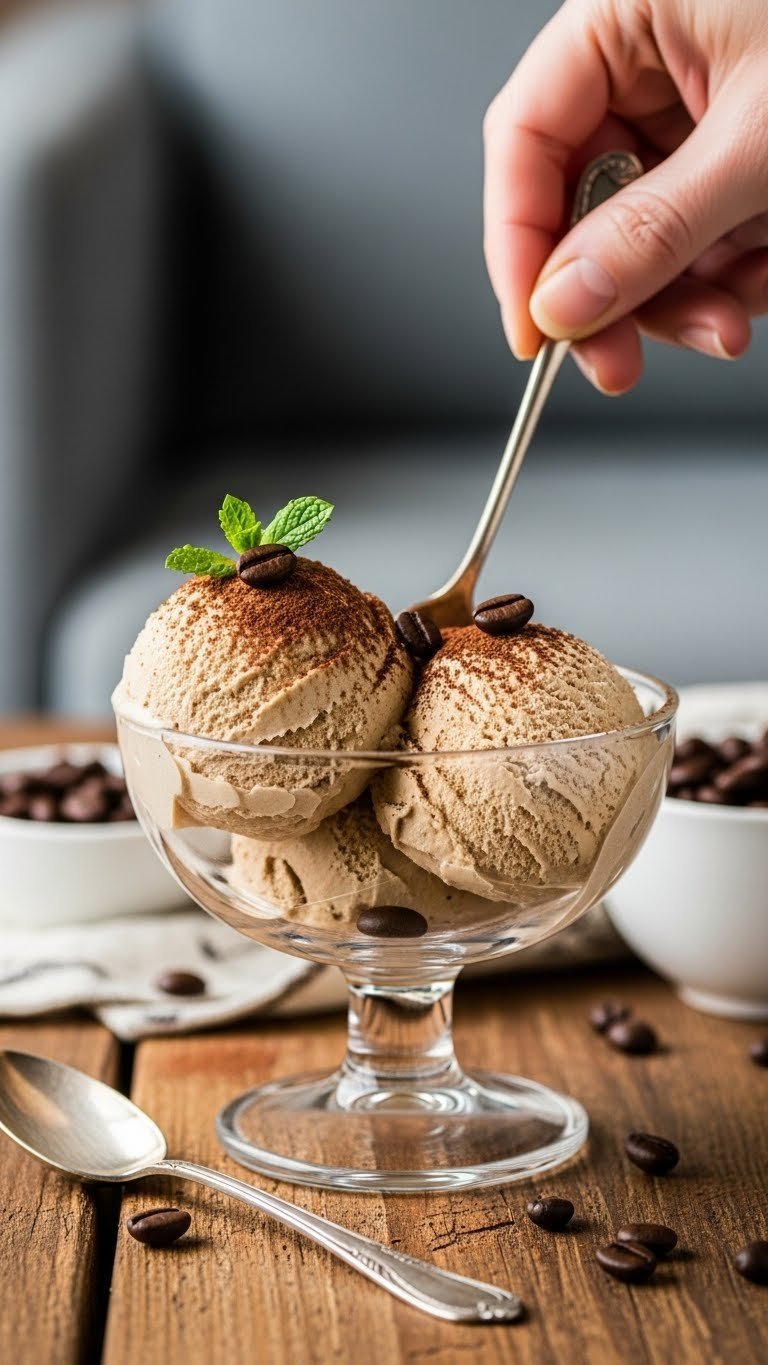 Close-up of two scoops of fluffy whipped coffee ice cream in glass bowl with cocoa powder garnish on rustic table