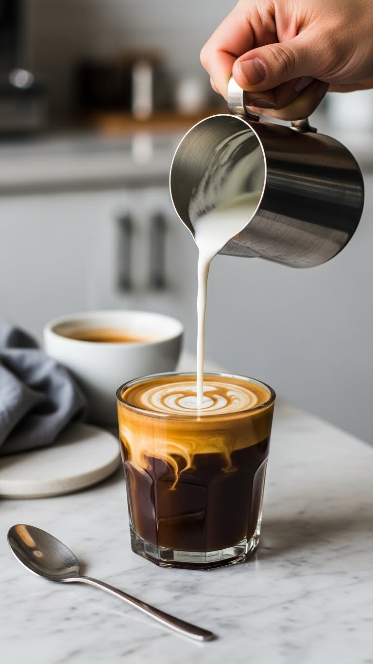 Close-up of unsweetened Americano with heavy cream being poured on marble countertop, creating creamy marbling effect in professional lifestyle photography