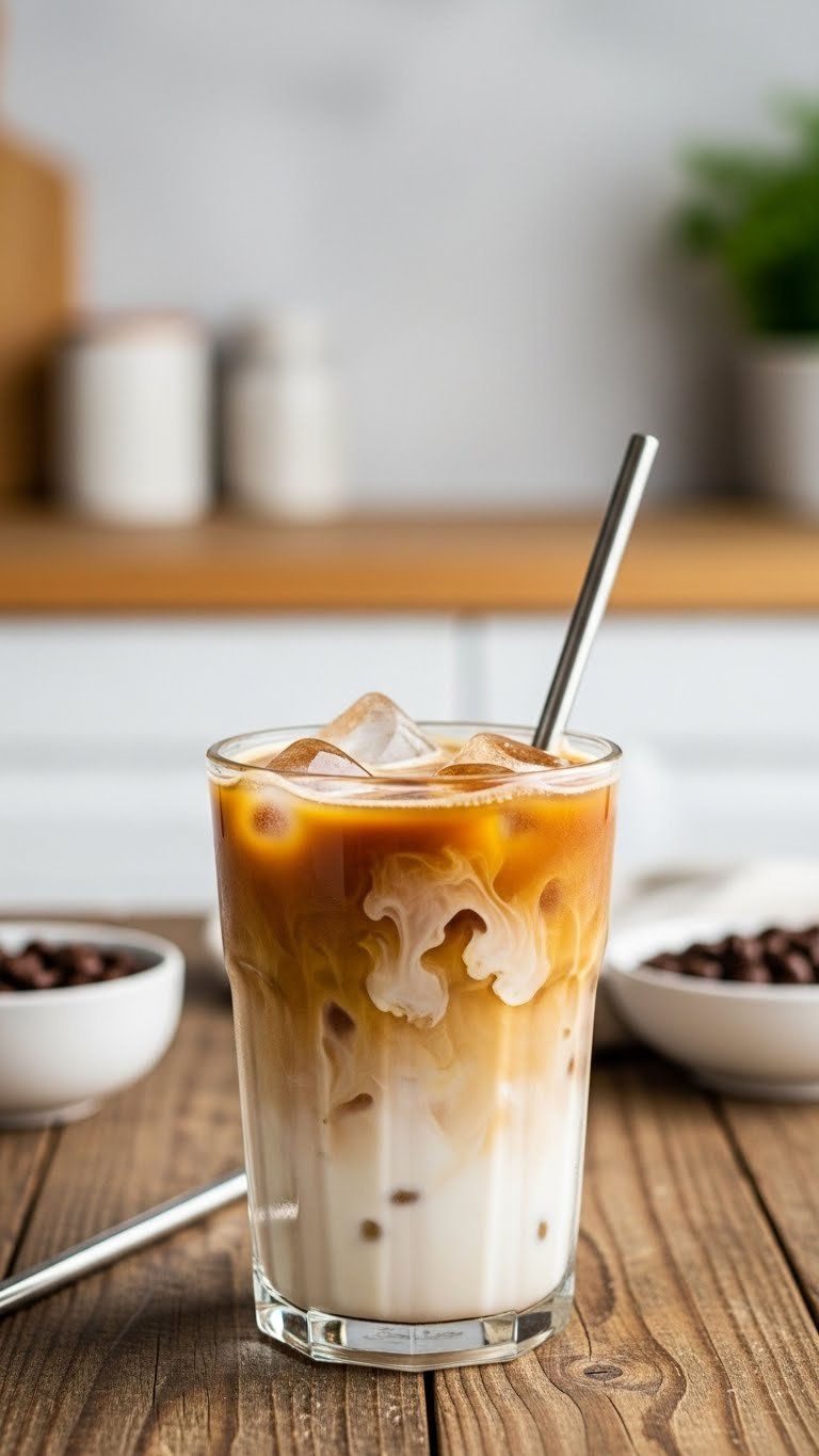 Close-up of unsweetened almond milk iced coffee in clear glass with creamy marbling and rustic wooden table background