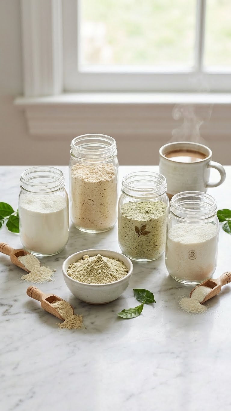 Make Protein Coffee At Home: Foolproof No-Clump Hot & Iced 9 Close-up of whey, casein, plant-based protein powders for coffee with scoops, next to a blurred steaming coffee mug in a clean kitchen.