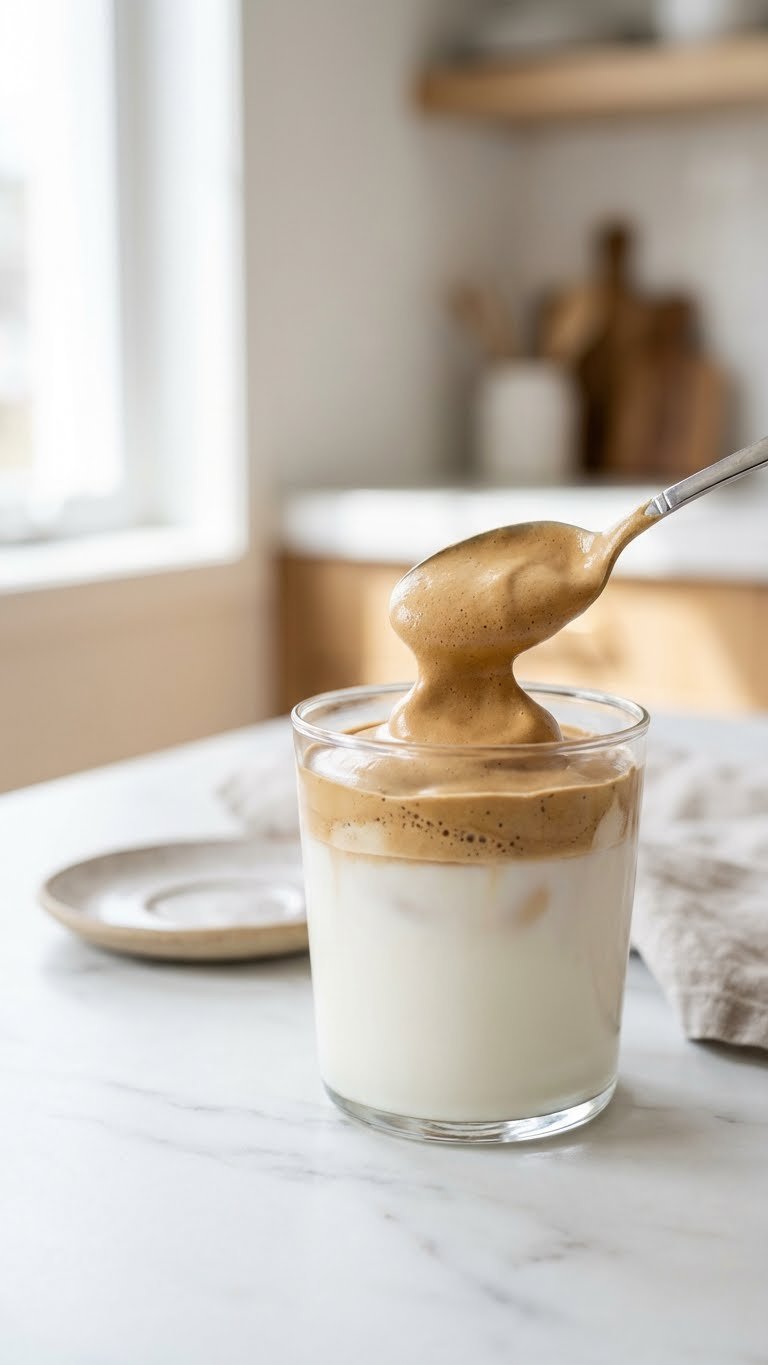 How to Make Whipped Coffee Without Instant: Proven Guide 1 Close-up of whipped coffee foam being spooned onto cold milk in a glass with soft bokeh background on marble countertop