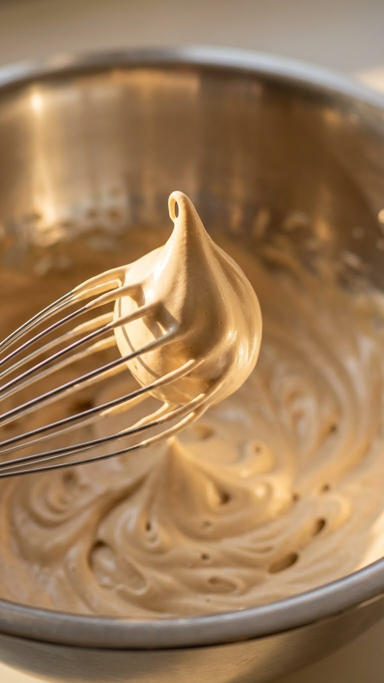 Close-up of wire whisk showing stiff peak of glossy coffee whipped cream frosting