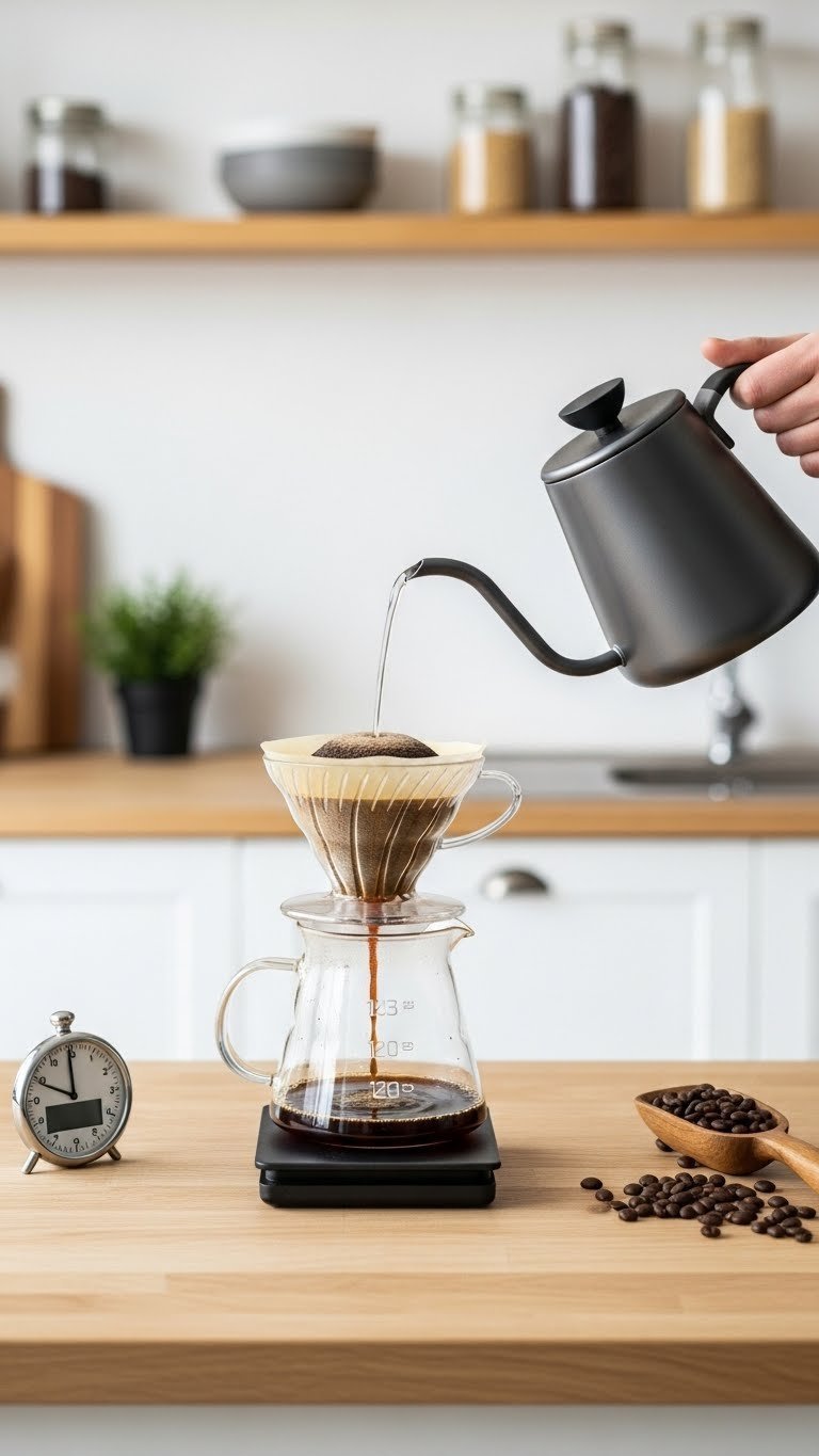 Master Black Coffee Aesthetic Video: 9 Ultimate Ideas 5 Close-up pour-over coffee ritual showing hot water from gooseneck kettle dripping into ceramic cone on light wooden countertop