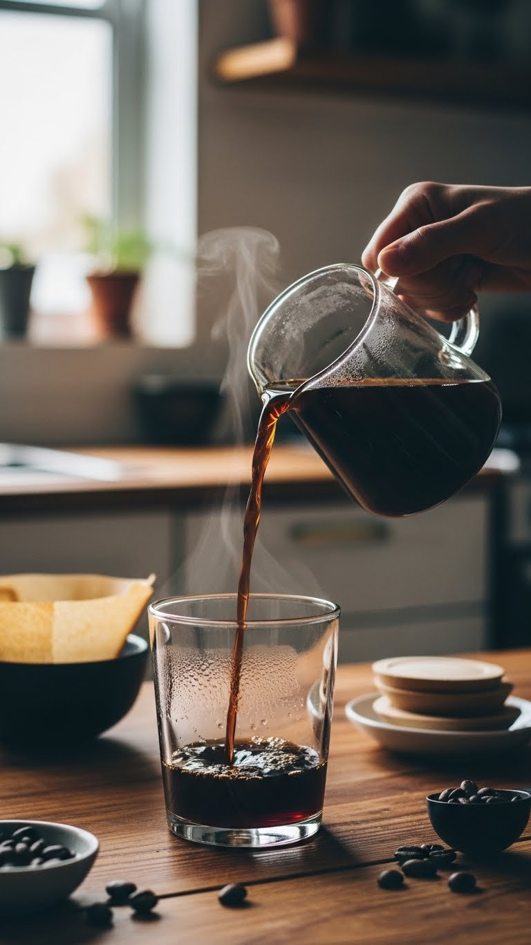 Close-up professional photo of rich dark coffee concentrate being poured between glass containers on rustic wooden table with soft natural lighting.