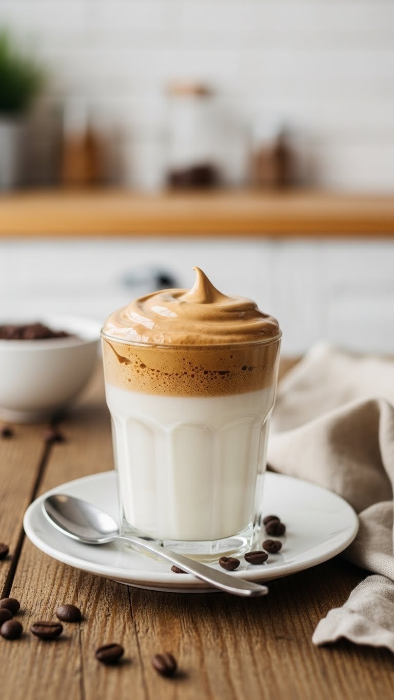 Close-up protein whipped coffee with frothy light brown peaks over creamy milk on a rustic table in a minimalist kitchen.