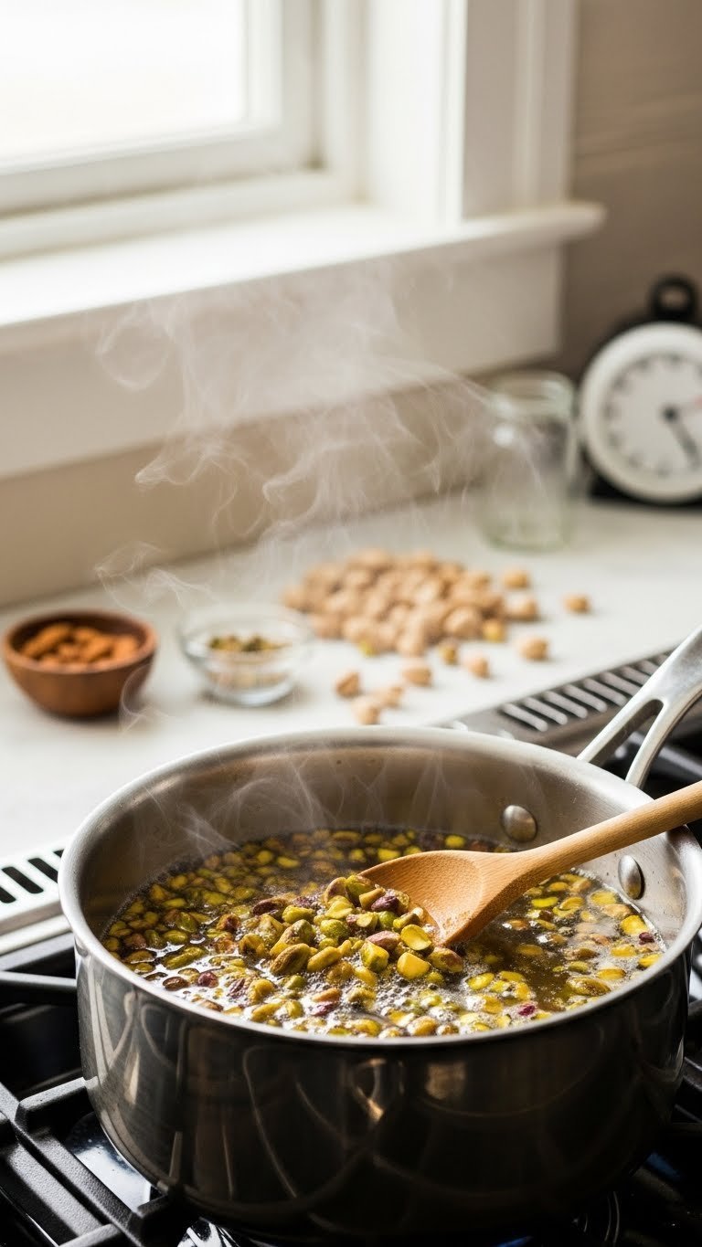 Close-up shot of chopped toasted pistachios simmering in clear simple syrup with wooden spoon stirring the infusion