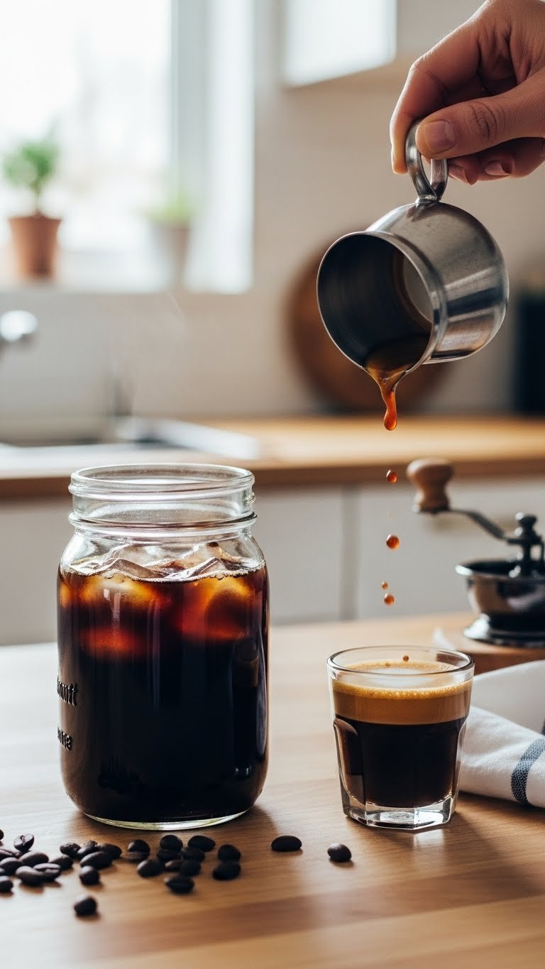 Close-up shot of dark cold brew coffee concentrate in a mason jar with coffee grounds visible at the bottom on a light wooden kitchen countertop.