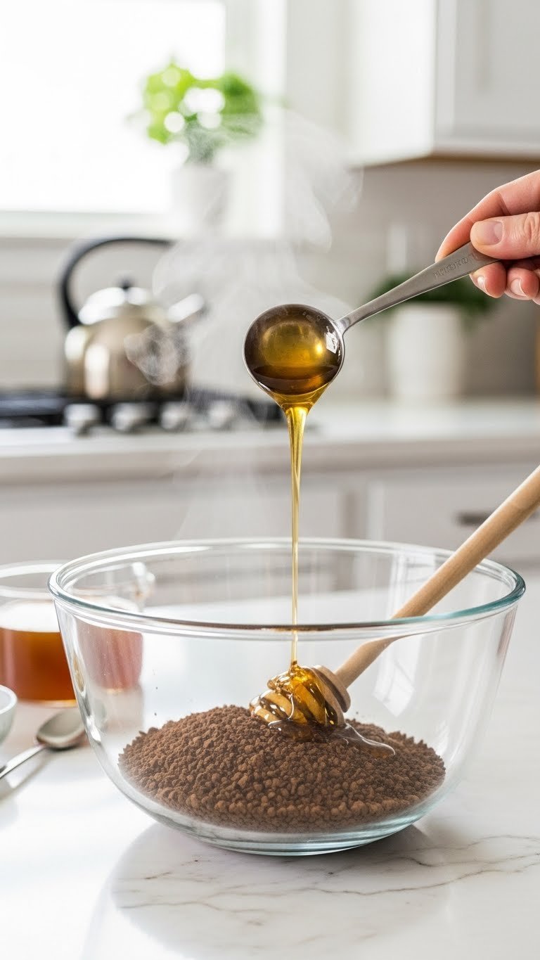 Essential Whipped Honey Coffee: Thick & Fluffy Foam 3 Close-up shot of golden raw honey being poured into mixing bowl with instant coffee and hot water for whipped coffee preparation