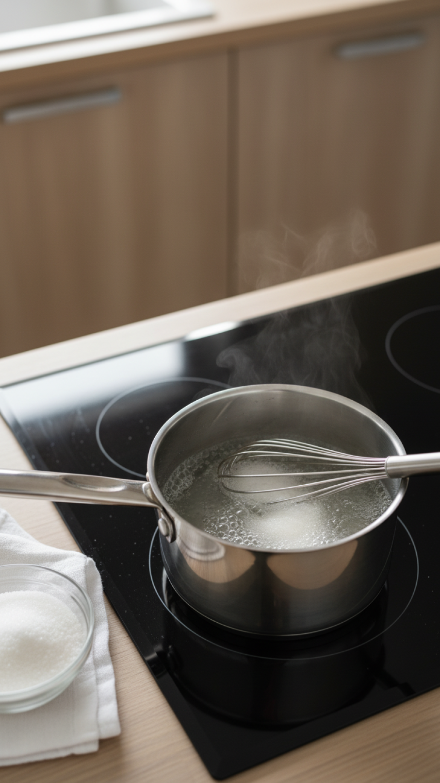 Close-up shot of ube extract being poured into hot simple syrup creating beautiful purple swirling patterns in stainless steel saucepan
