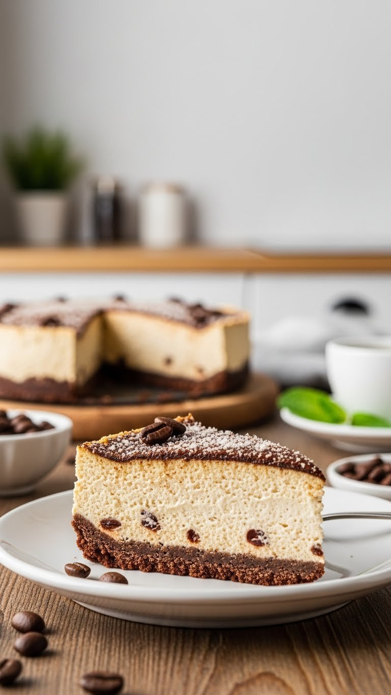 Close-up slice of no-bake keto coffee cheesecake showing dark chocolate crust and creamy coffee filling with cocoa topping on rustic table
