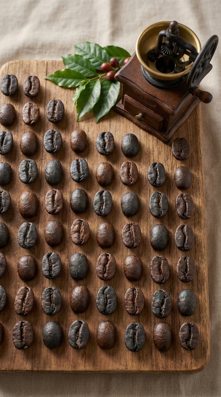 Close-up top-down flat lay of dark roasted coffee beans on wooden board showcasing natural textures and patterns