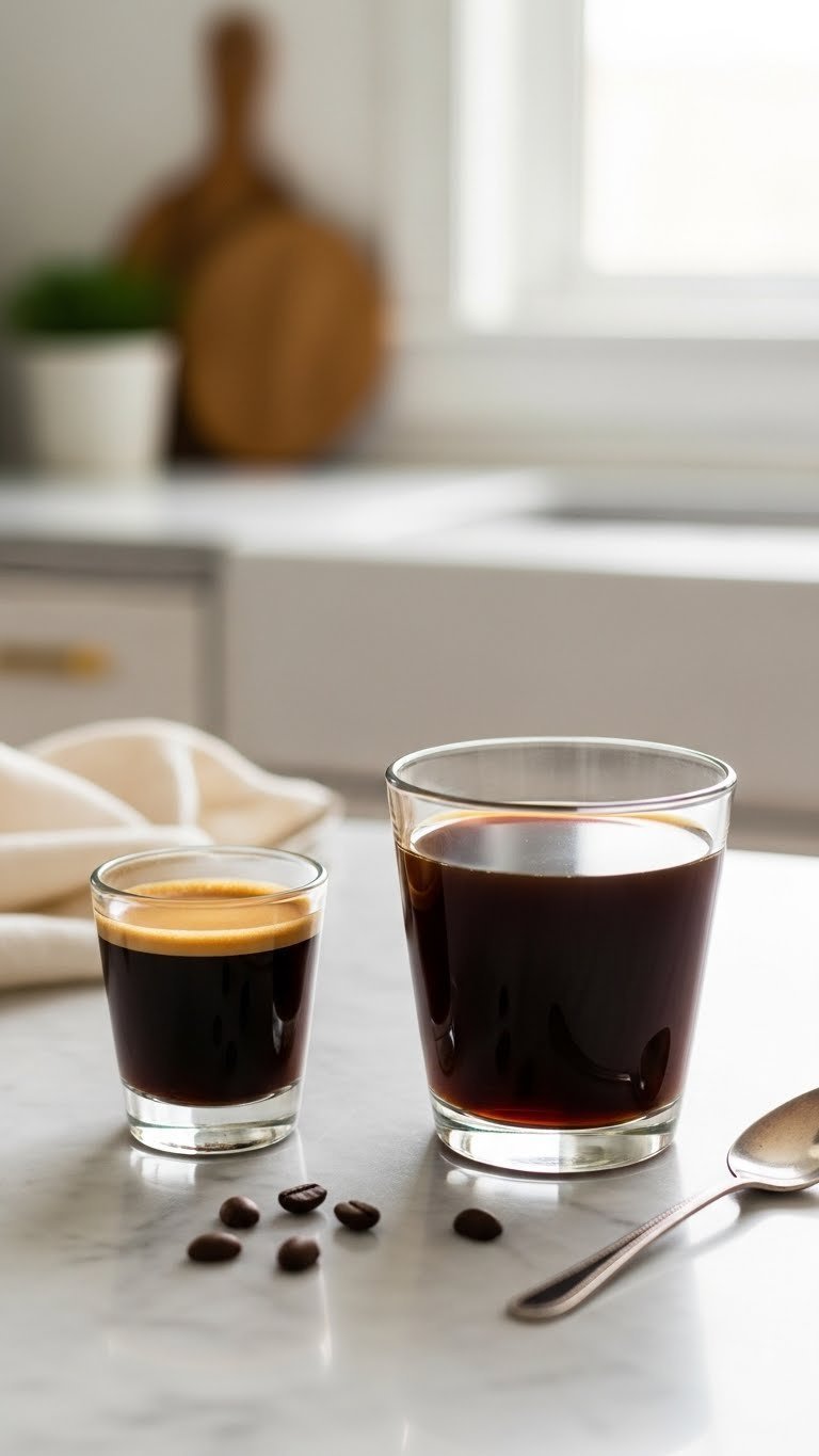 Close-up view of espresso shot with crema next to black coffee in clear glass on marble countertop with scattered coffee beans.