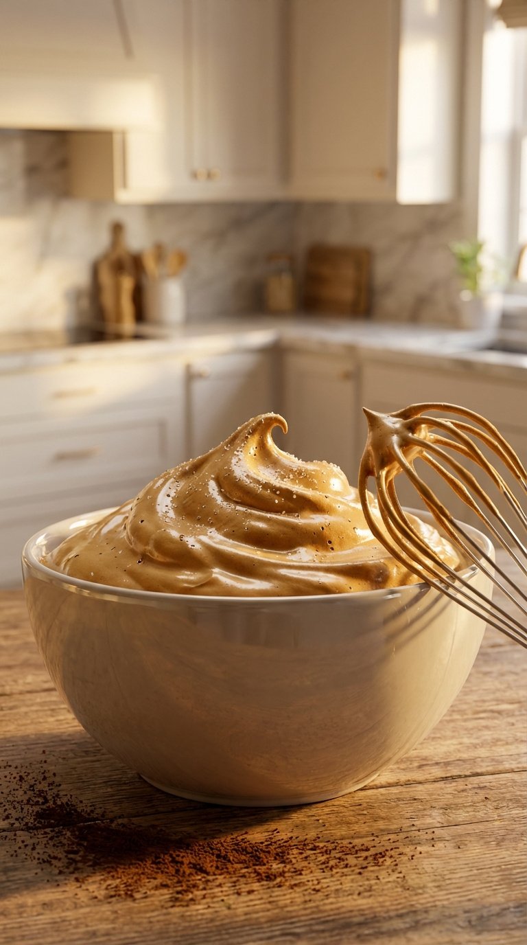 Essential Whipped Honey Coffee: Thick & Fluffy Foam 7 Close-up view of glossy caramel-colored whipped coffee foam with stiff peaks in polished ceramic bowl