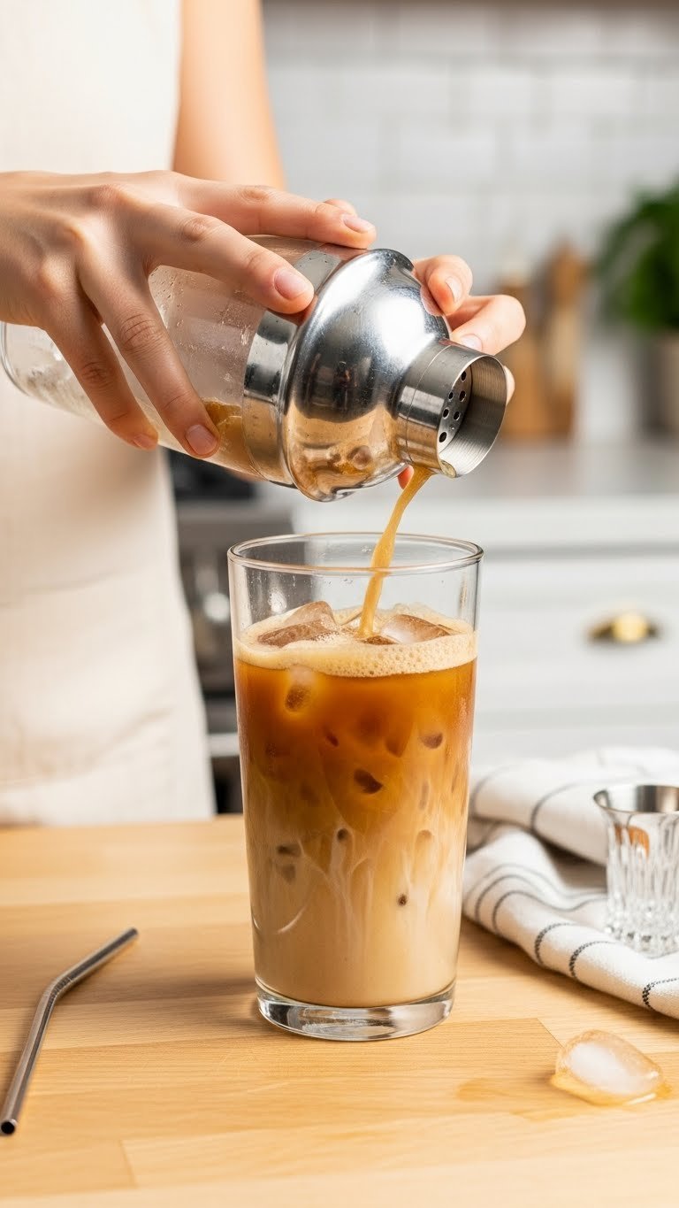 Cocktail shaker vigorously shaken with iced brown sugar coffee creating frothy texture and tumbling ice cubes