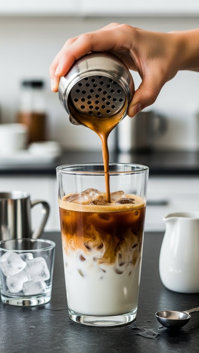 Cocktail shaker with frothy espresso mixture being shaken over ice on dark granite countertop with motion blur effect