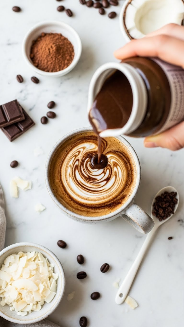 Coconut cacao keto coffee creamer drizzled into coffee creating dark swirls with coconut flakes on marble countertop