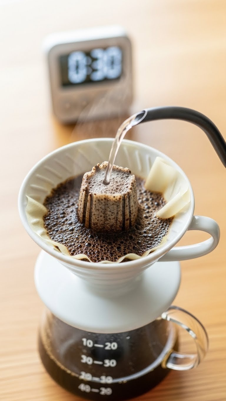 Coffee bloom in V60 dripper showing expanding grounds with steam rising from freshly poured water