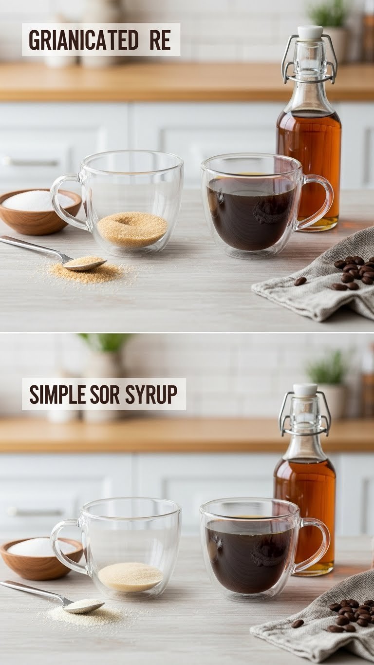 Coffee cup comparison showing undissolved sugar versus smooth simple syrup solution in flat lay