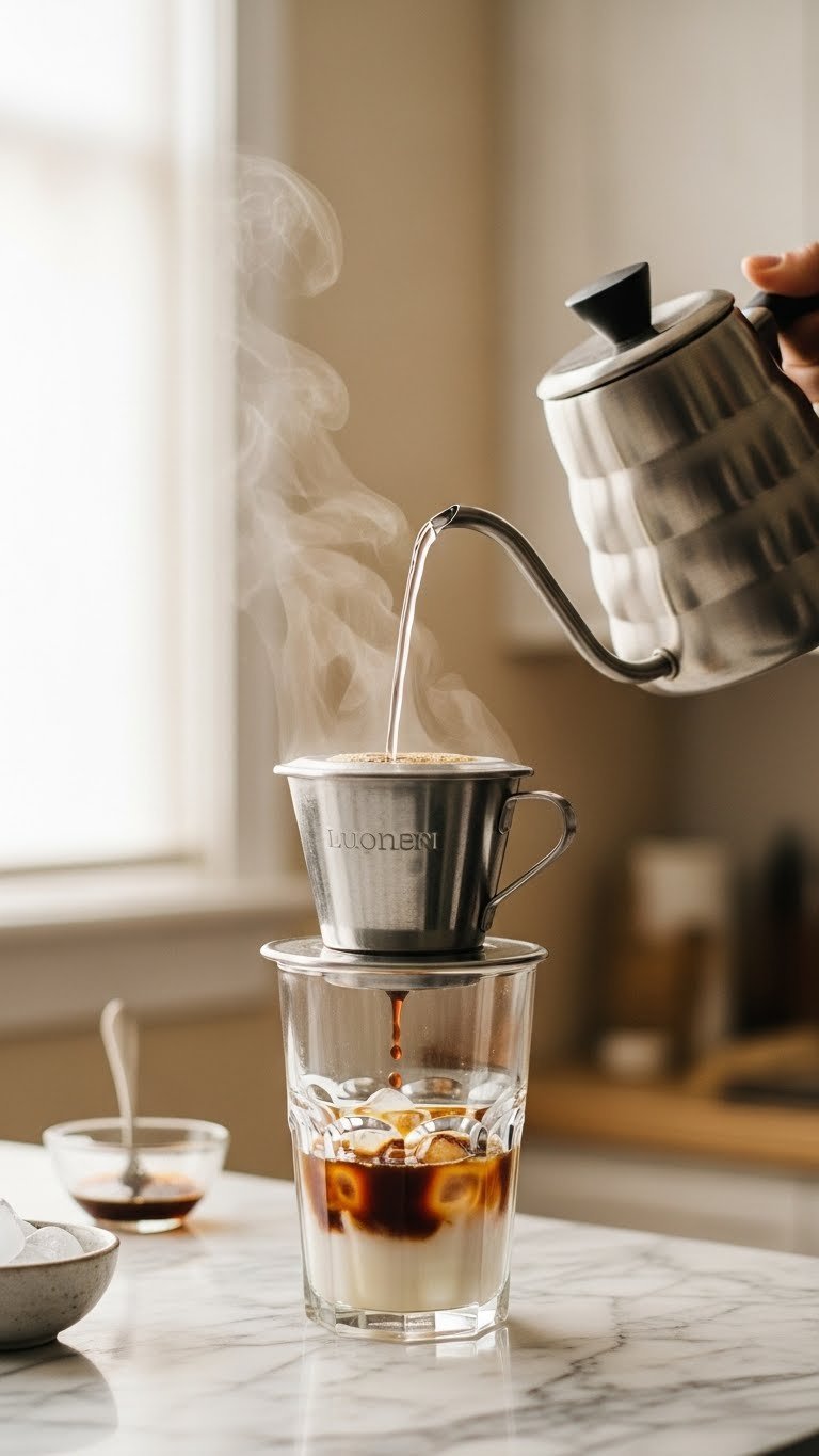 Coffee dripping from phin filter into condensed milk glass with melting ice and steam