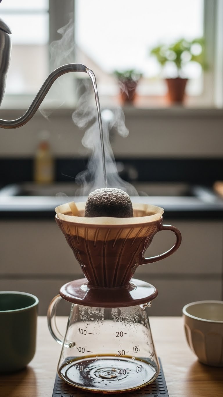 Coffee grounds blooming and bubbling in V60 dripper with water visible during the bloom phase of pour-over brewing