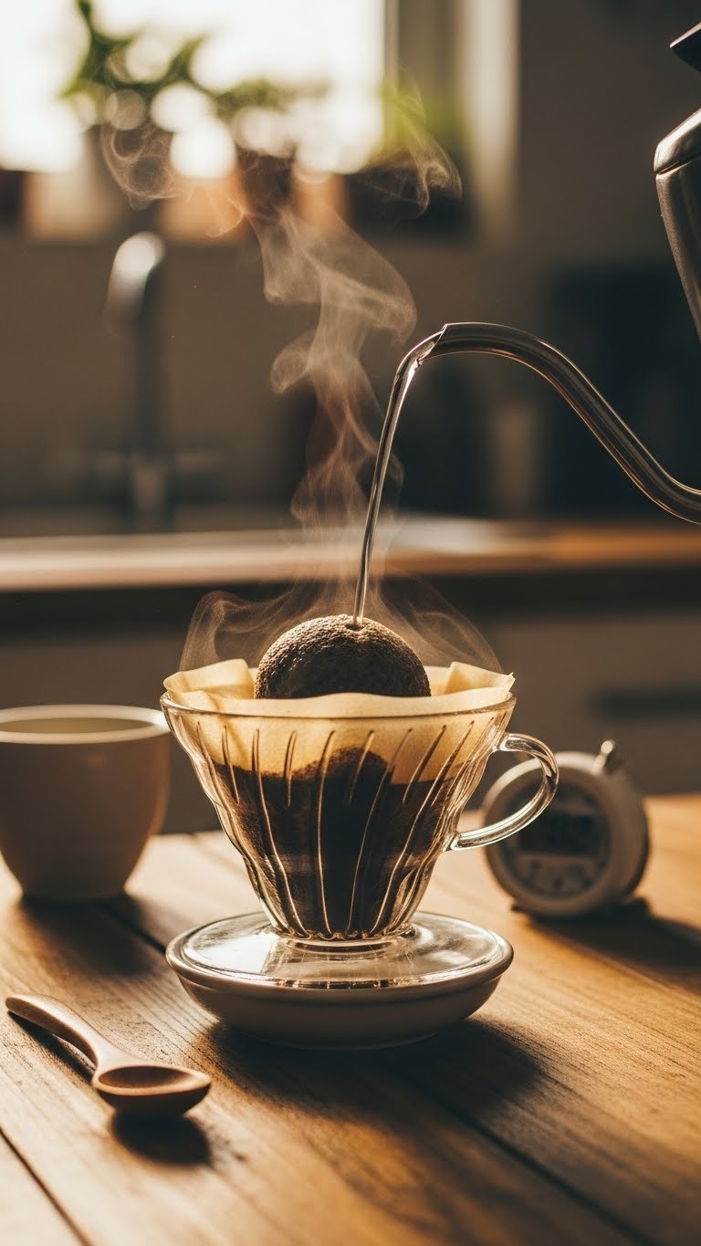 Coffee grounds blooming in pour-over cone with hot water stream creating bubbles and steam