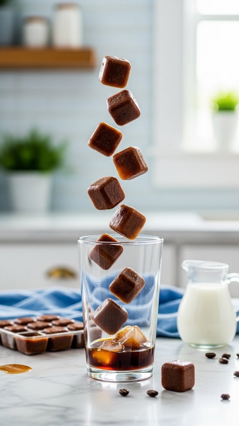 Coffee ice cubes tumbling into tall glass on marble countertop with ice cube tray and milk pitcher nearby