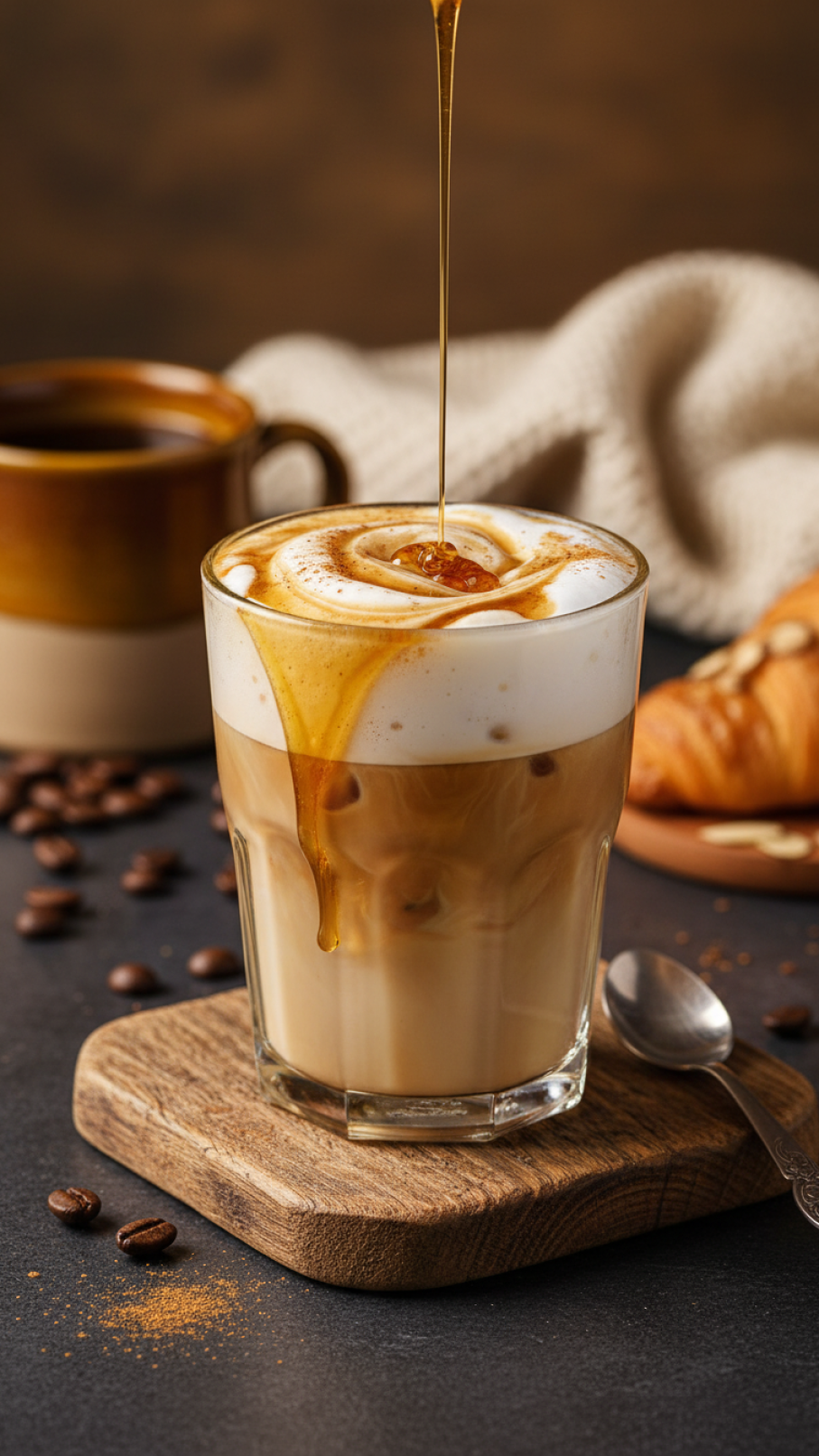 Coffee latte with creamy foam generously drizzled with homemade brown butter syrup on rustic wooden coaster in cozy setting.