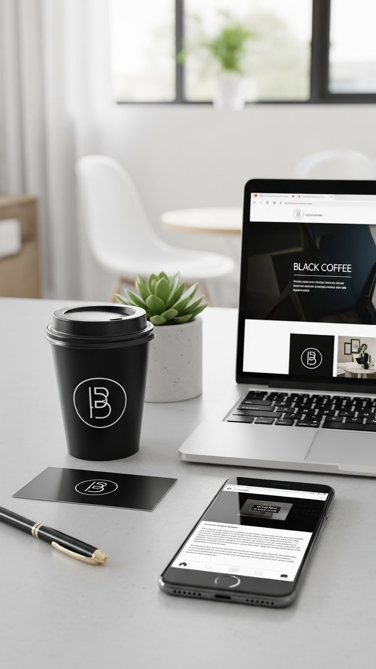 Cohesive brand identity with black coffee cup, business card, laptop, and smartphone