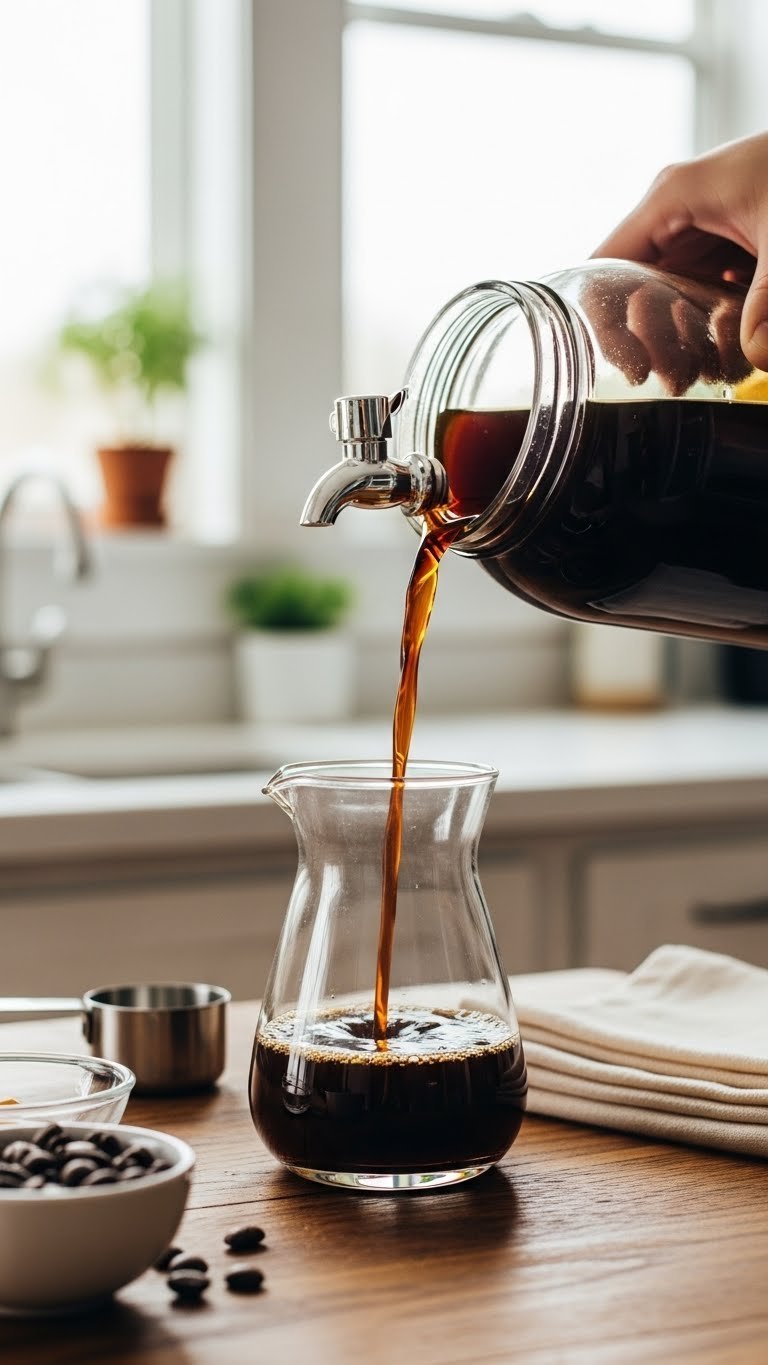 Cold brew coffee concentrate pouring from glass jar into elegant carafe on rustic wooden table with coffee beans and natural lighting