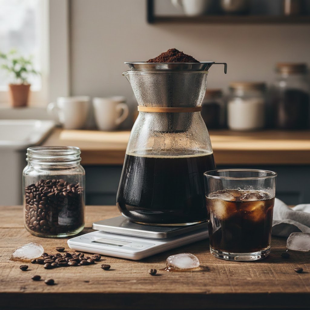 Cold brew coffee preparation with glass pitcher and ice-cold brew on rustic wooden table