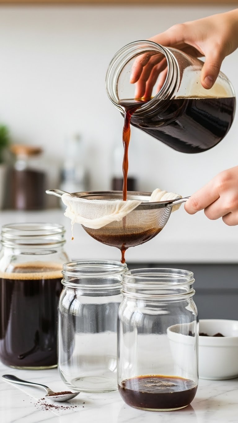 Cold brew concentrate being strained through fine-mesh sieve into clean mason jar on marble kitchen countertop.