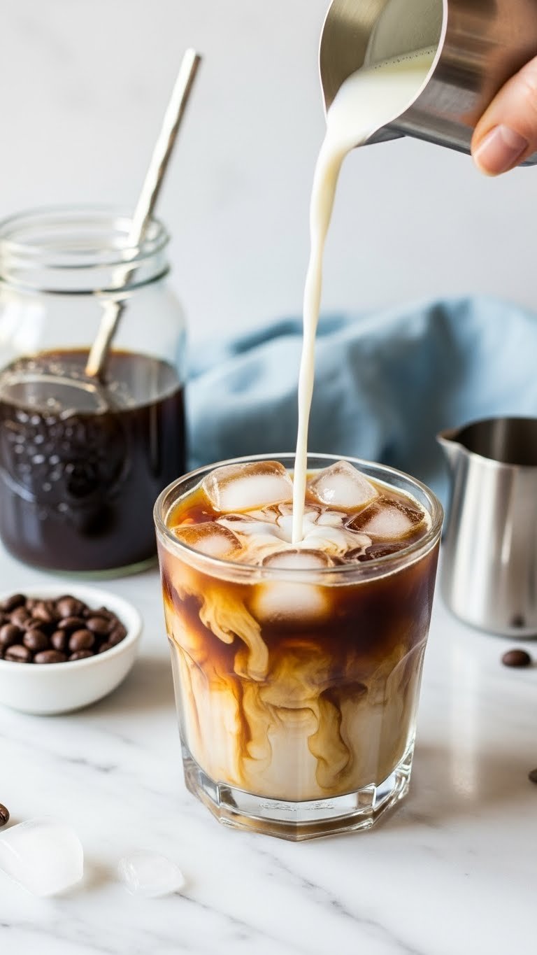 Cold brew concentrate iced coffee with marbling effect in glass on marble countertop, top-down view