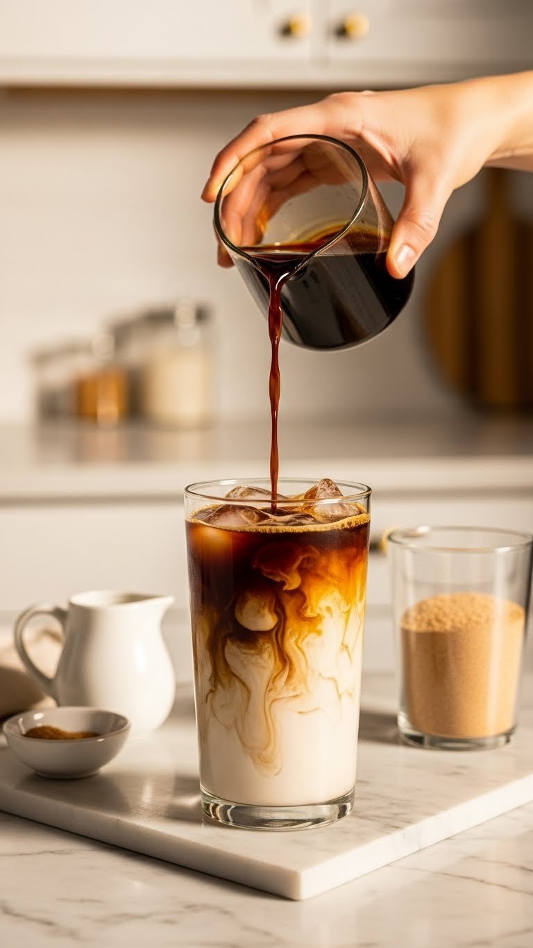 Cold brew concentrate poured over ice with oat milk creating marbling effect in tall glass