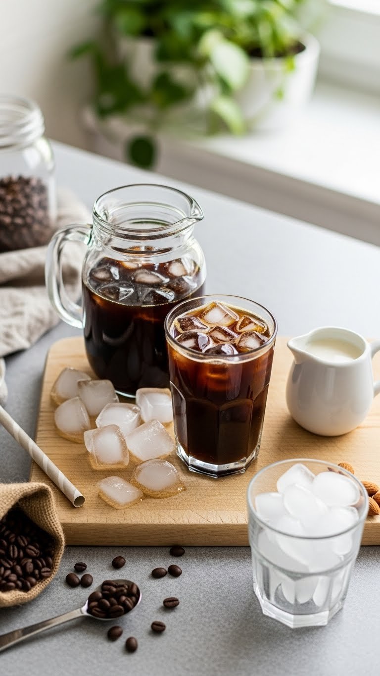 Cold brew iced coffee with almond milk in glass pitcher surrounded by coffee beans on wooden board