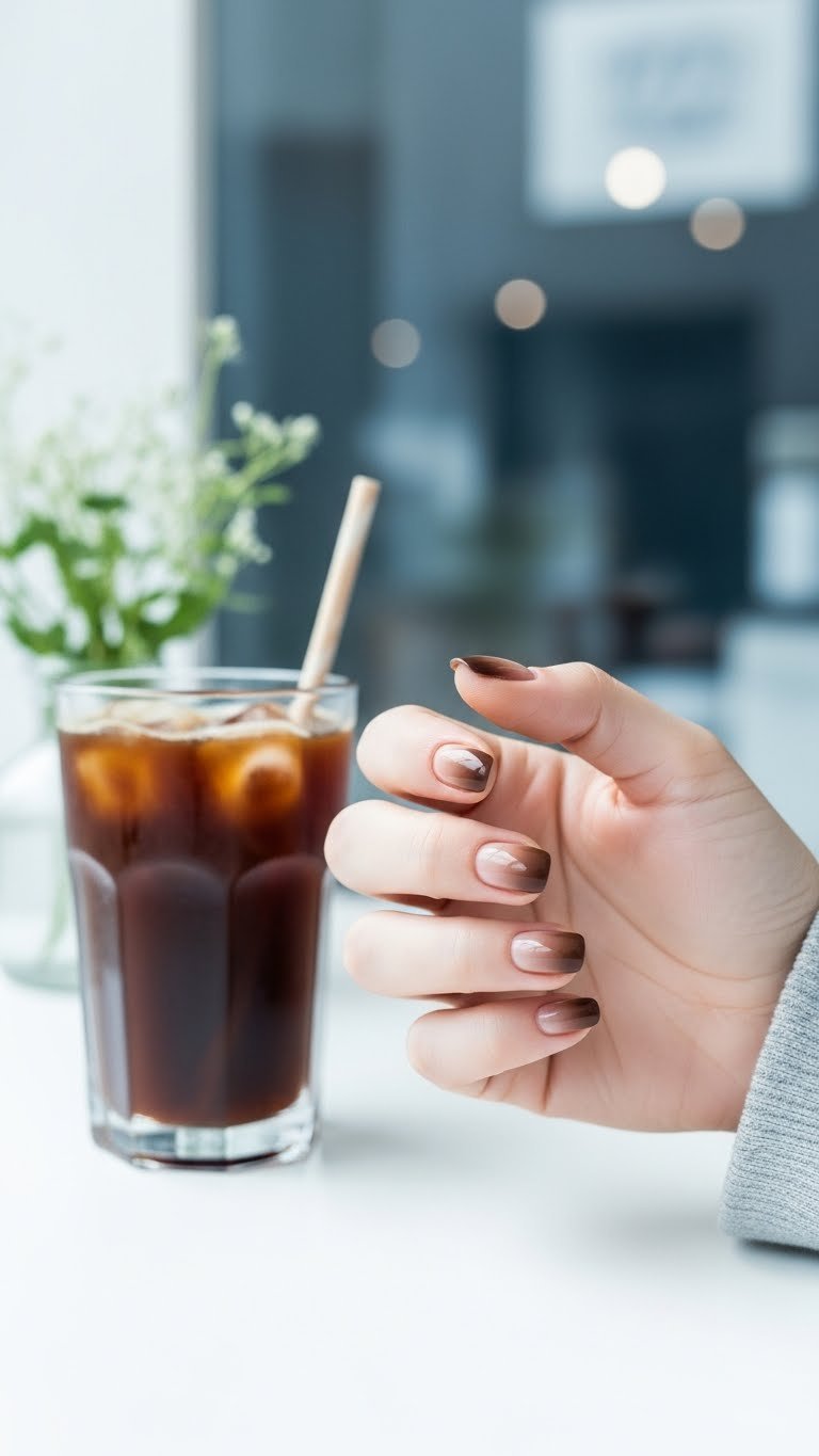 Cold brew ombre nails showing smooth gradient transition from dark brown to light beige on white minimalist surface