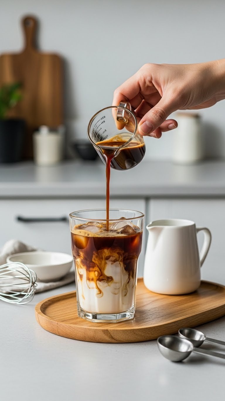 Cold espresso poured from carafe into glass with ice and milk creating beautiful swirl on wooden tray with coffee accessories