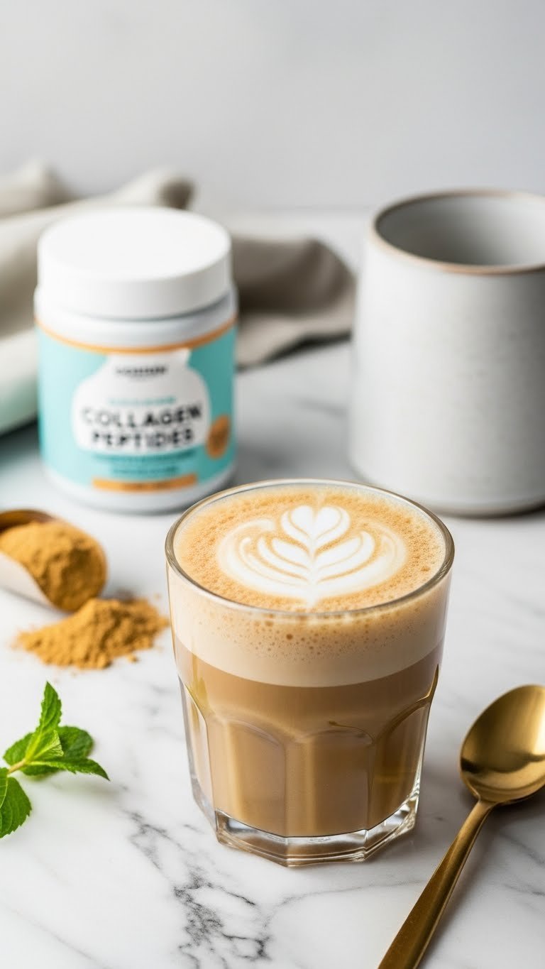 Collagen-enhanced keto coffee creamer in stylish mug with collagen powder on marble countertop