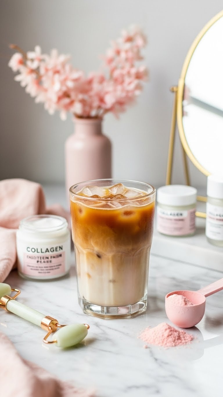 Protein Coffee Blended: Essential Guide for Smooth Energy 15 Collagen-infused protein coffee in a clear glass on marble, jade roller, moisturizer, collagen scoop.