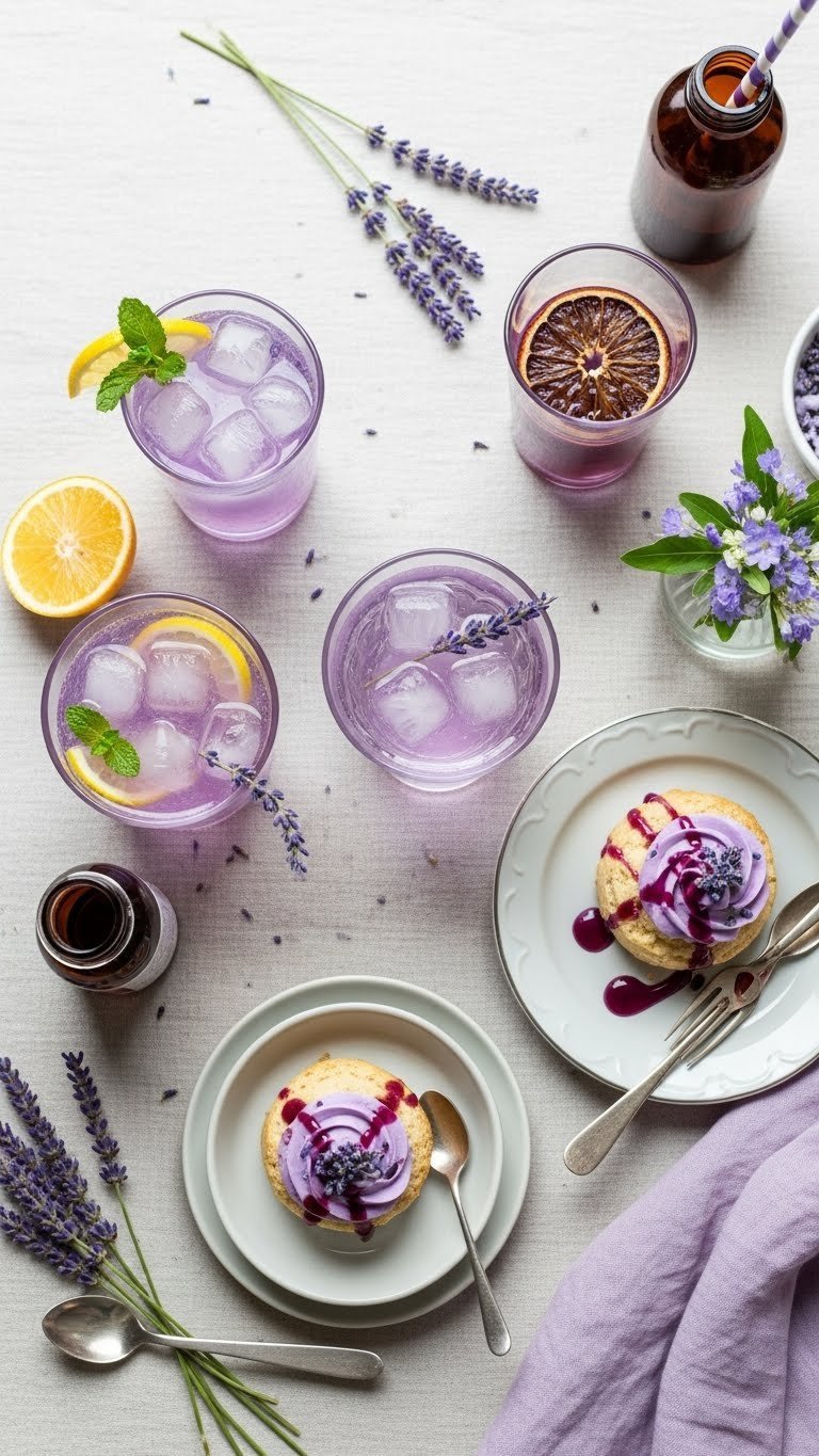 Lavender Coffee Syrup Recipe: Perfect Floral Lattes at Home 13 Collection of lavender-infused drinks and treats including lemonade, cocktails, and desserts arranged beautifully