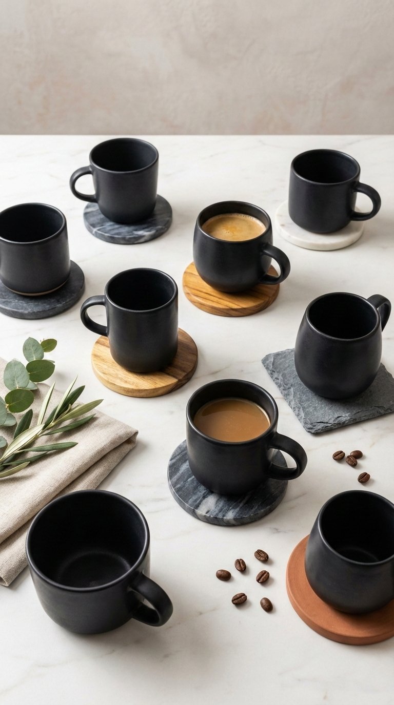 Collection of minimalist ceramic coffee mugs with natural coasters arranged on light marble countertop with greenery