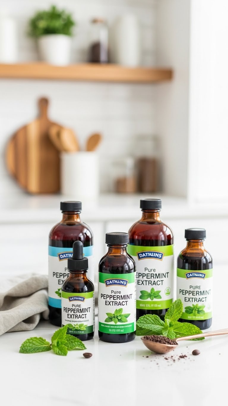 Collection of peppermint extract bottles arranged on white kitchen counter with fresh mint leaves