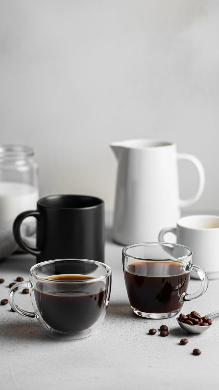 Master Black Coffee Aesthetic: 7 Minimal Design Secrets 11 Collection of sleek coffee vessels including matte black mug, clear glass cup, and white demitasse on light gray concrete