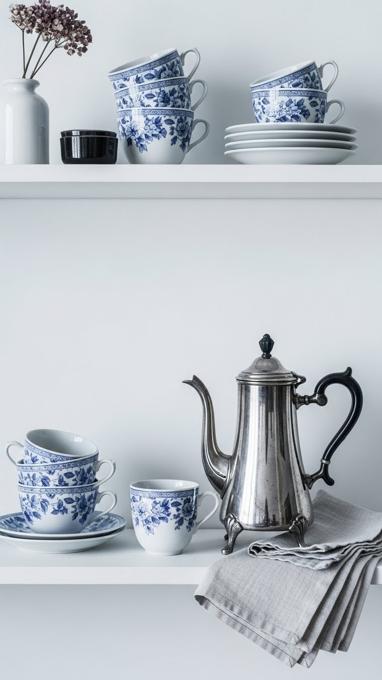 Collection of vintage ceramic coffee cups and silver-plated coffee pot displayed on minimalist shelf with monochromatic blue tones