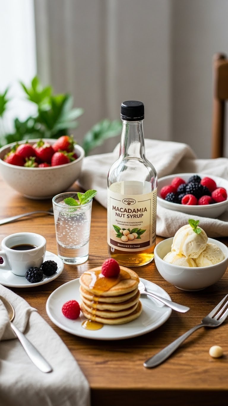 Collection showcasing macadamia nut syrup uses including sparkling water, pancake stack, and vanilla ice cream on wooden table.
