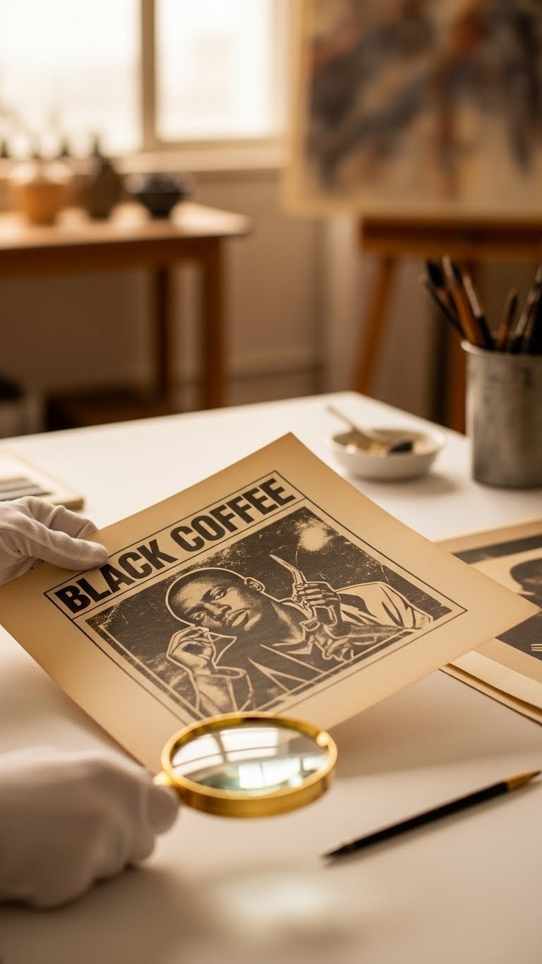 Black Coffee Art: The Definitive Guide to Collecting Posters 3 Collector inspecting rare Black Coffee concert poster with white gloves and magnifying glass on clean white table