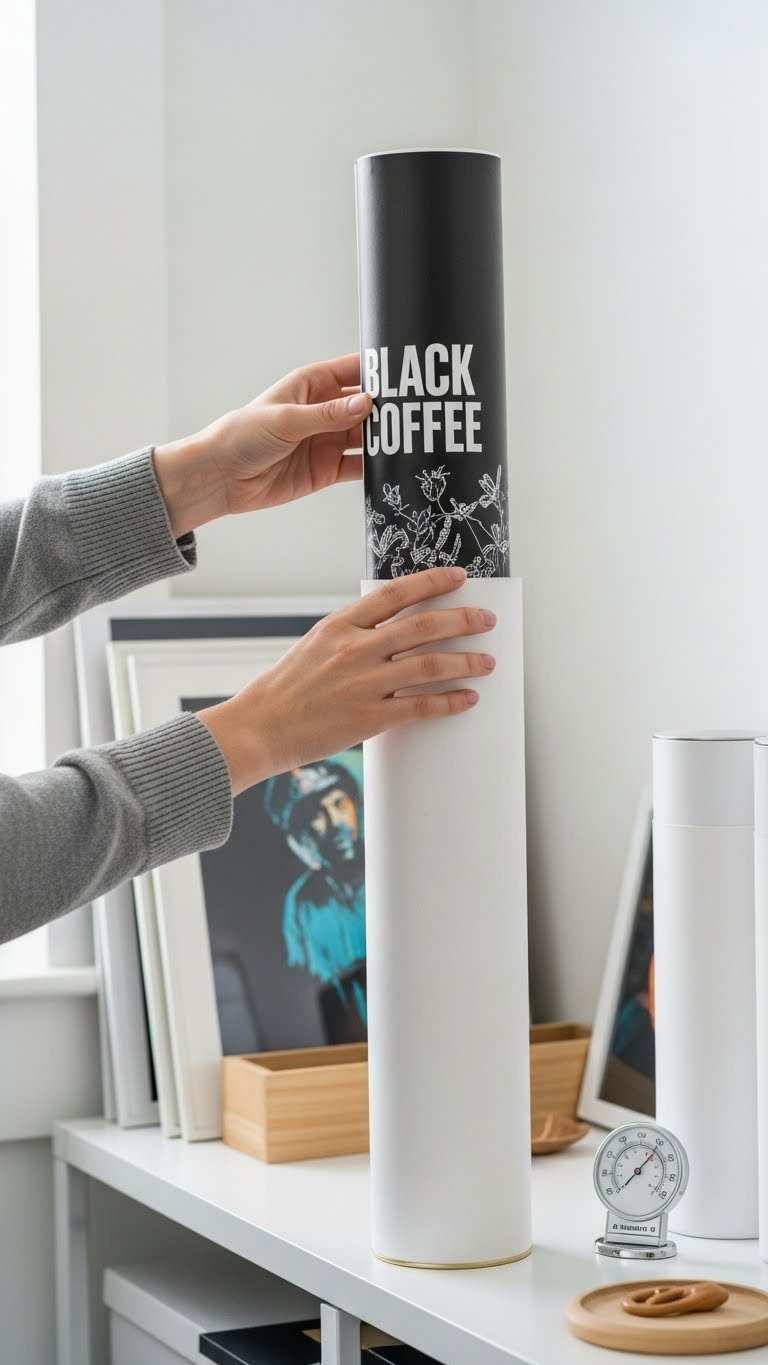 Black Coffee Art: The Definitive Guide to Collecting Posters 8 Collector placing rolled Black Coffee tour poster into acid-free archival storage tube on organized shelving unit