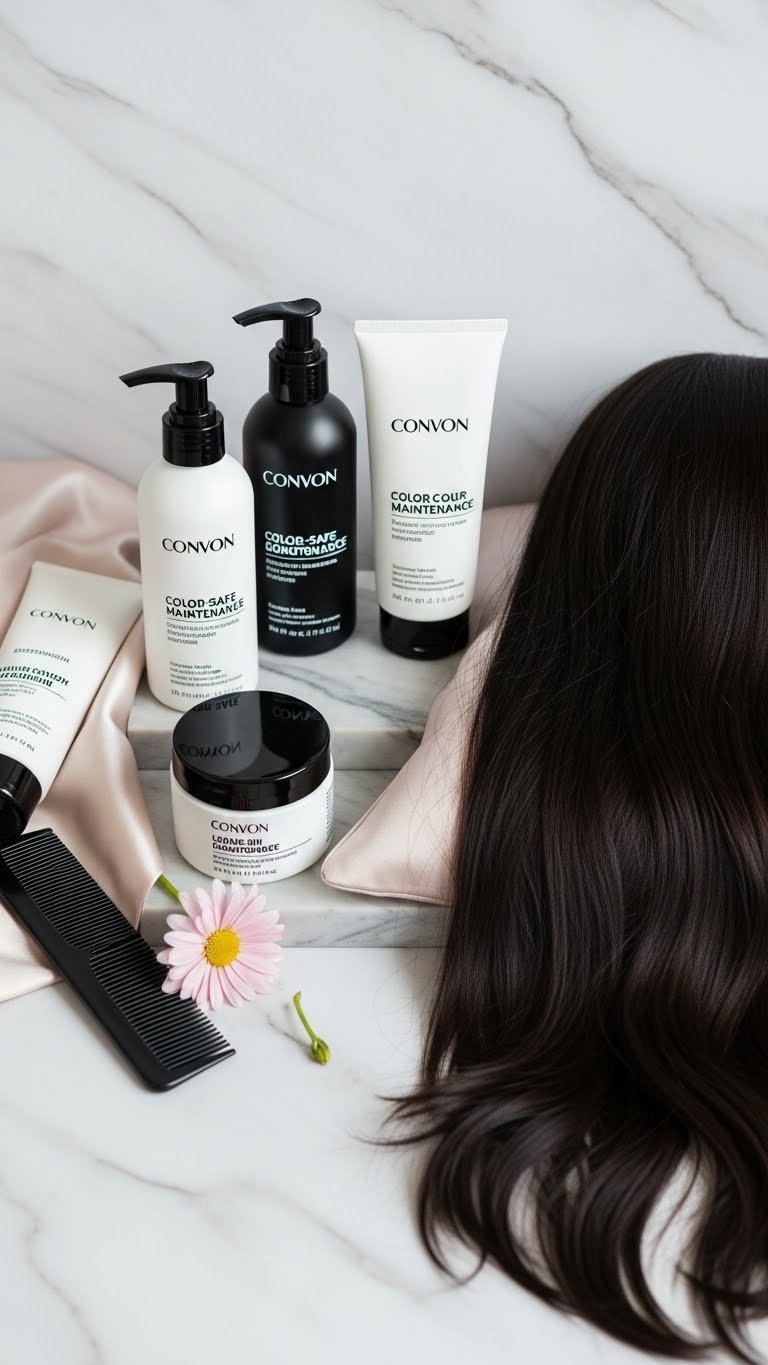 Color-safe hair care products and glossy dark hair for maintaining coffee-dyed color results