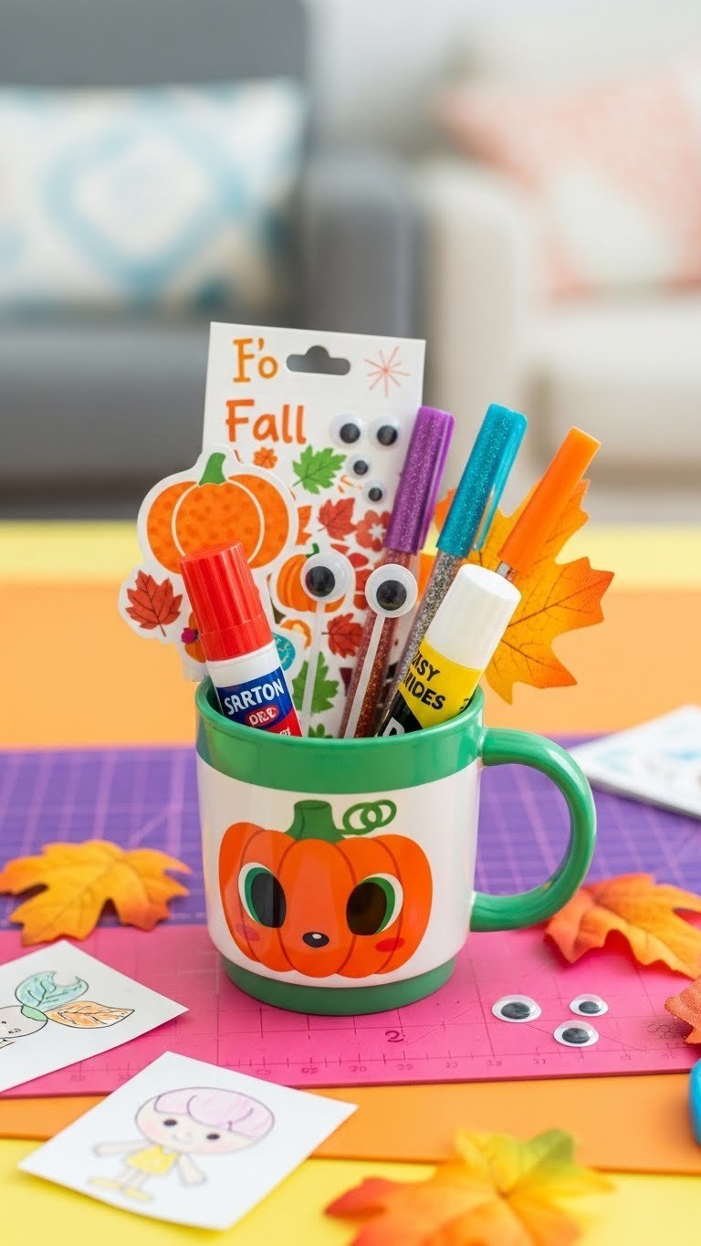Colorful child-friendly craft mug containing fall stickers, glitter pens, glue stick, and googly eyes on craft mat.