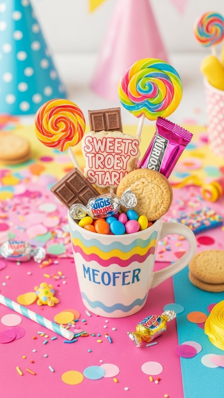 Colorful coffee mug overflowing with wrapped candies and gourmet cookies on bright tablecloth