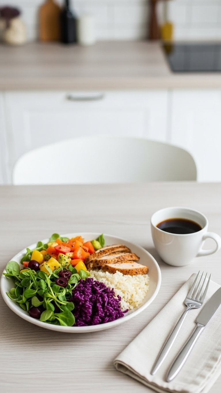 Colorful wholesome salad with lean protein next to black coffee on rustic wooden table